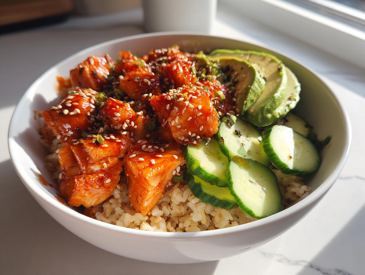 A white bowl filled with brown rice, topped with glazed salmon chunks, sliced avocado, and cucumbers, making delicious salmon bowls.