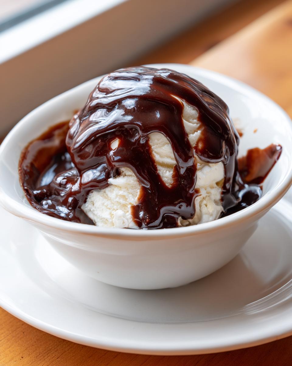 A scoop of vanilla ice cream generously covered in rich, glossy chocolate sauce recipe topping in a white bowl.
