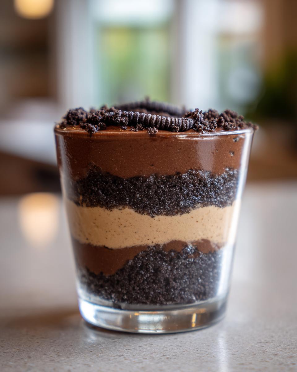 Close-up of an individual serving of layered dirt cake in a glass, featuring chocolate pudding and crushed cookies.
