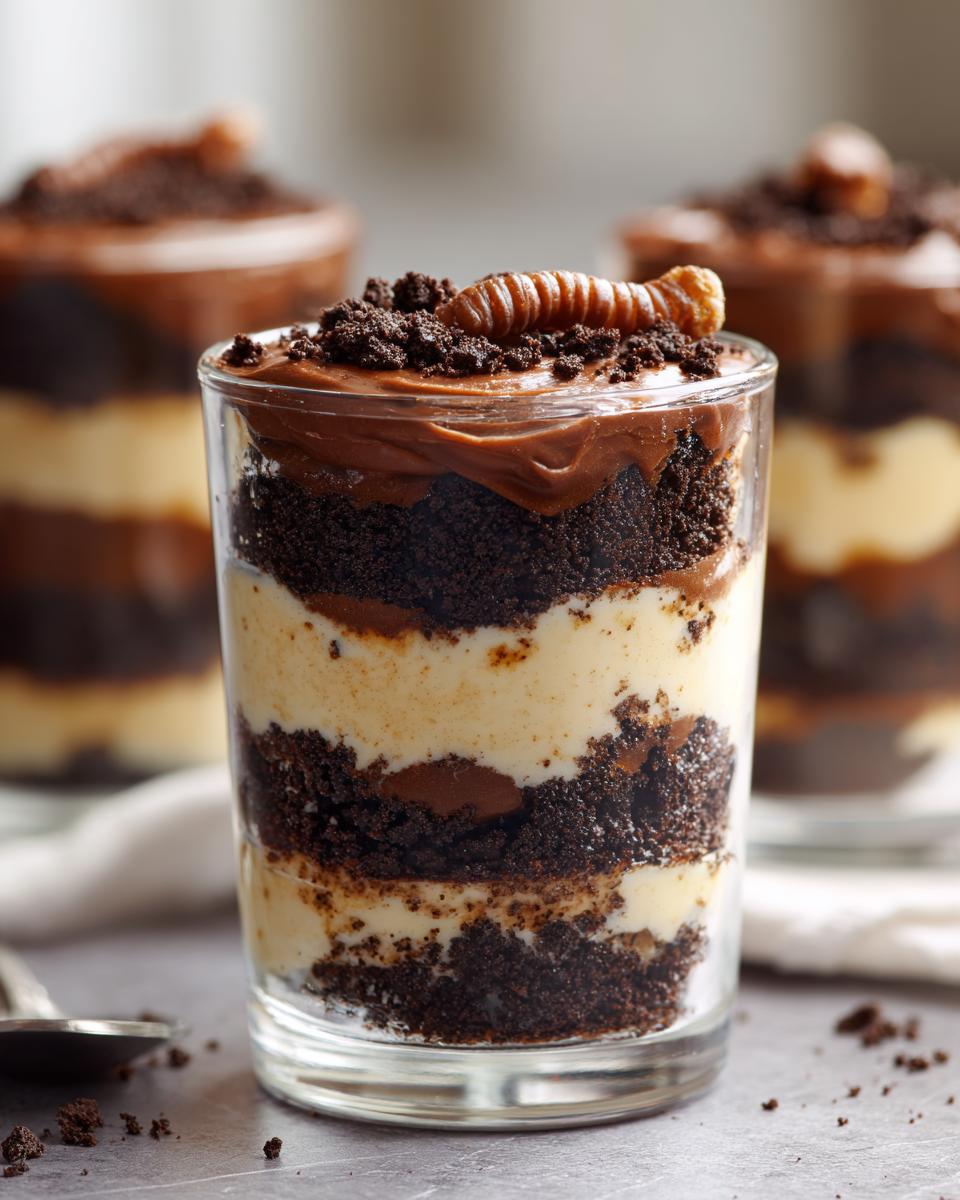Close-up of an individual serving of dirt cake layered with crushed cookies, pudding, and topped with a gummy worm.