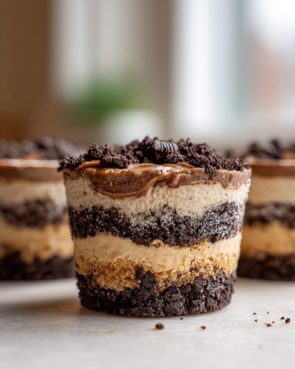 Close-up of a layered individual dirt cake dessert in a clear cup, featuring crushed cookie layers and creamy filling.