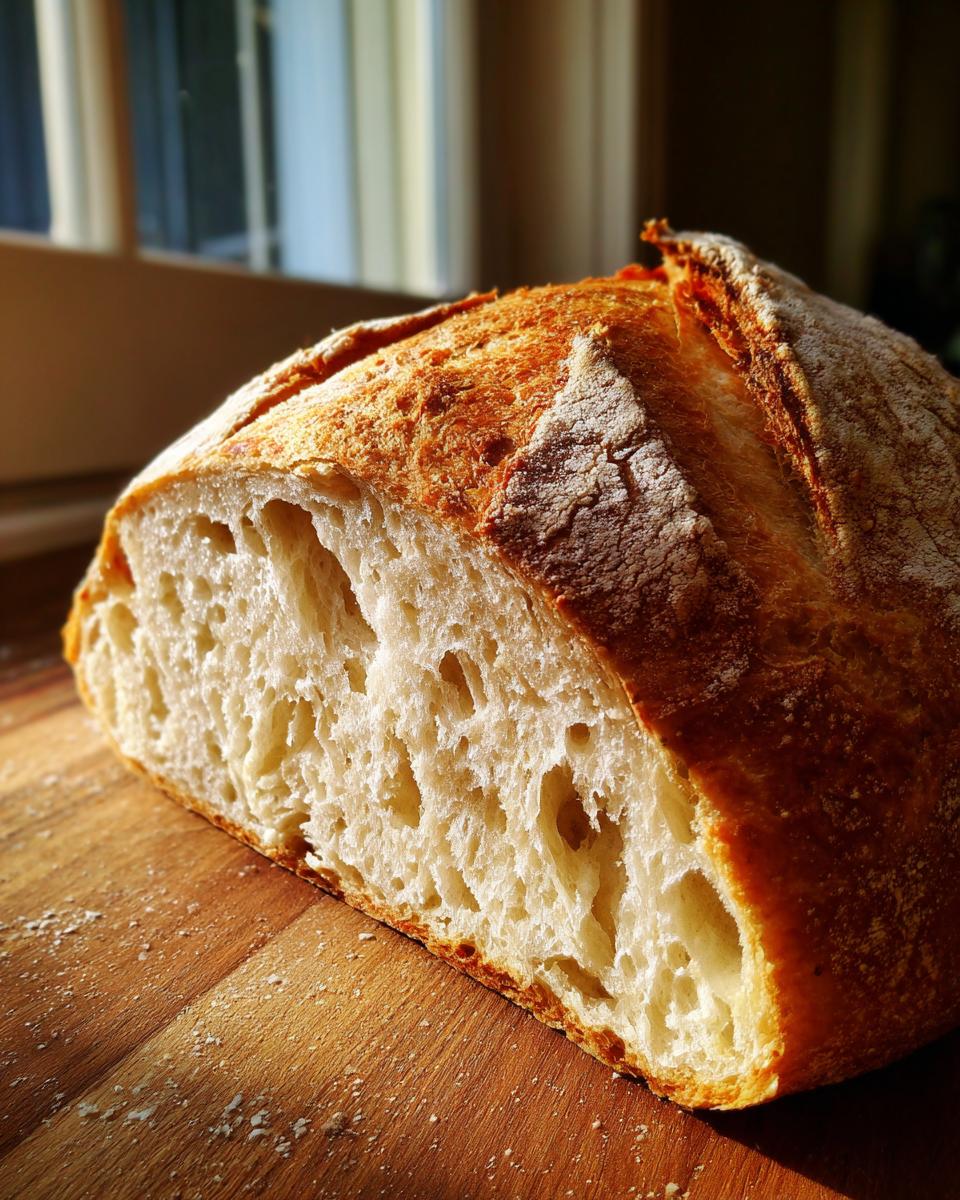 Close-up of a freshly baked Italian bread loaf, showing the open, airy crumb structure and golden, crisp crust.