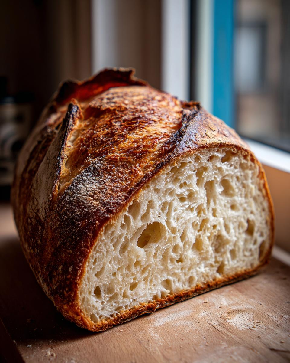 Close-up of a freshly baked Italian bread loaf, showing a dark, crispy crust and an open, airy crumb structure.