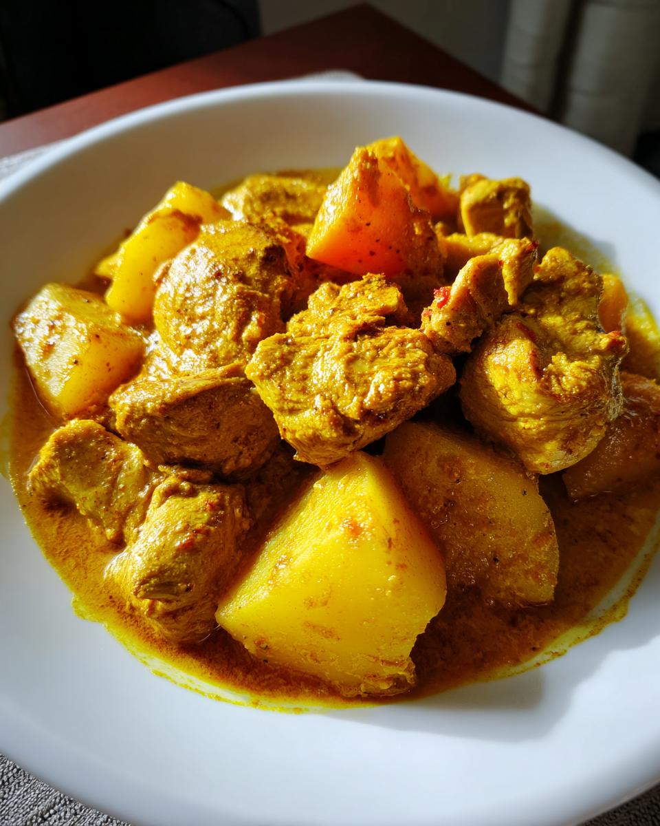 Close-up of tender chunks of Jamaican curry chicken mixed with large pieces of potato in a rich yellow curry sauce.