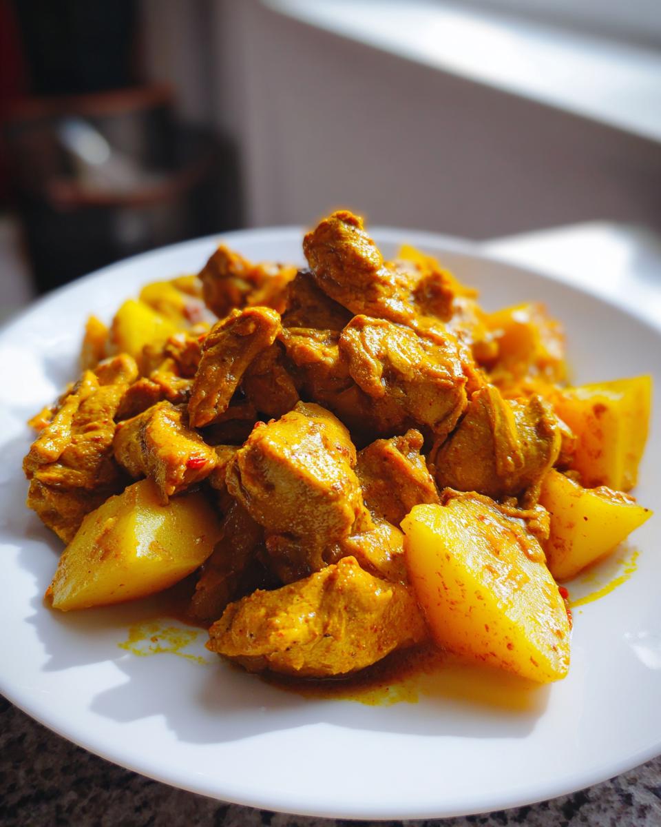 Close-up of tender pieces of Jamaican curry chicken mixed with large chunks of yellow potato on a white plate.