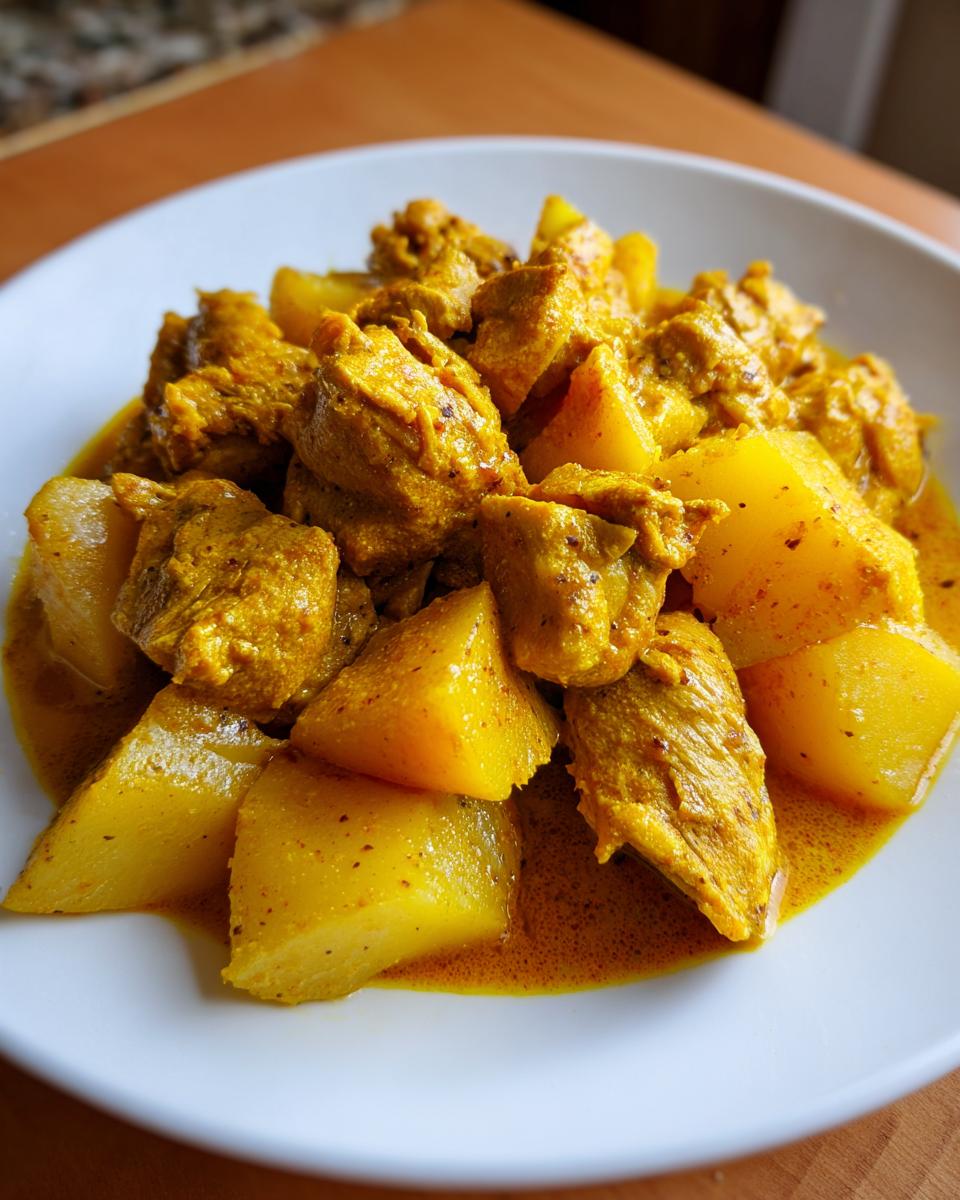 Close-up of tender pieces of Jamaican curry chicken mixed with large chunks of yellow potato in a rich, golden sauce.