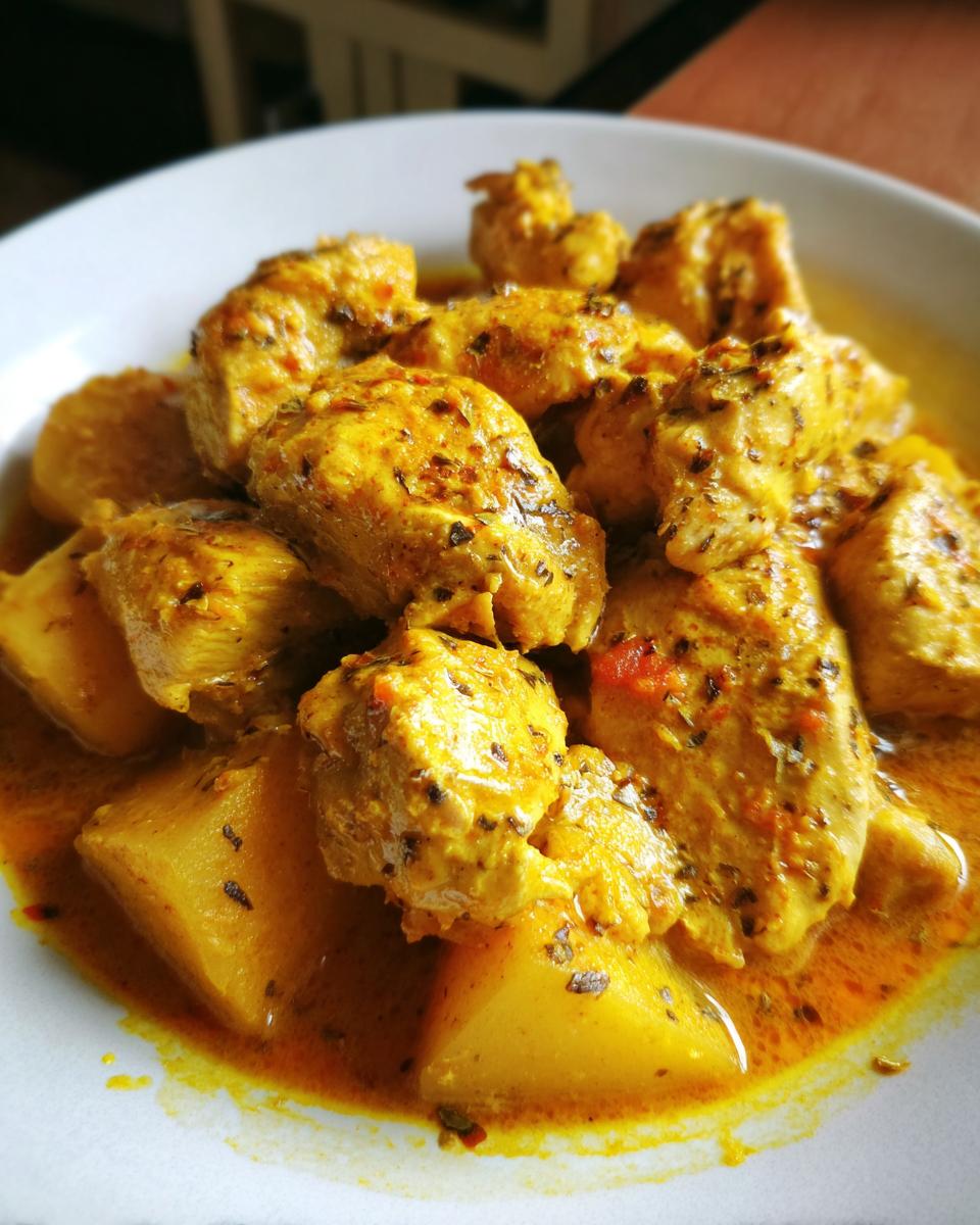 Close-up of tender chunks of Jamaican curry chicken served with large pieces of potato in a rich yellow sauce.