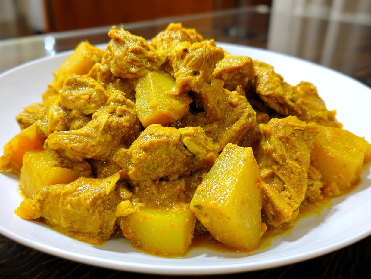 Close-up of tender chunks of Jamaican curry chicken and potatoes coated in rich yellow curry sauce.
