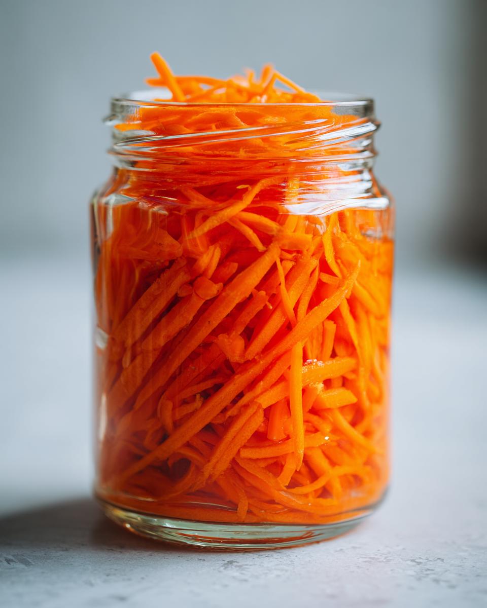 Close-up of a glass jar filled tightly with bright orange, julienned pickled carrots.