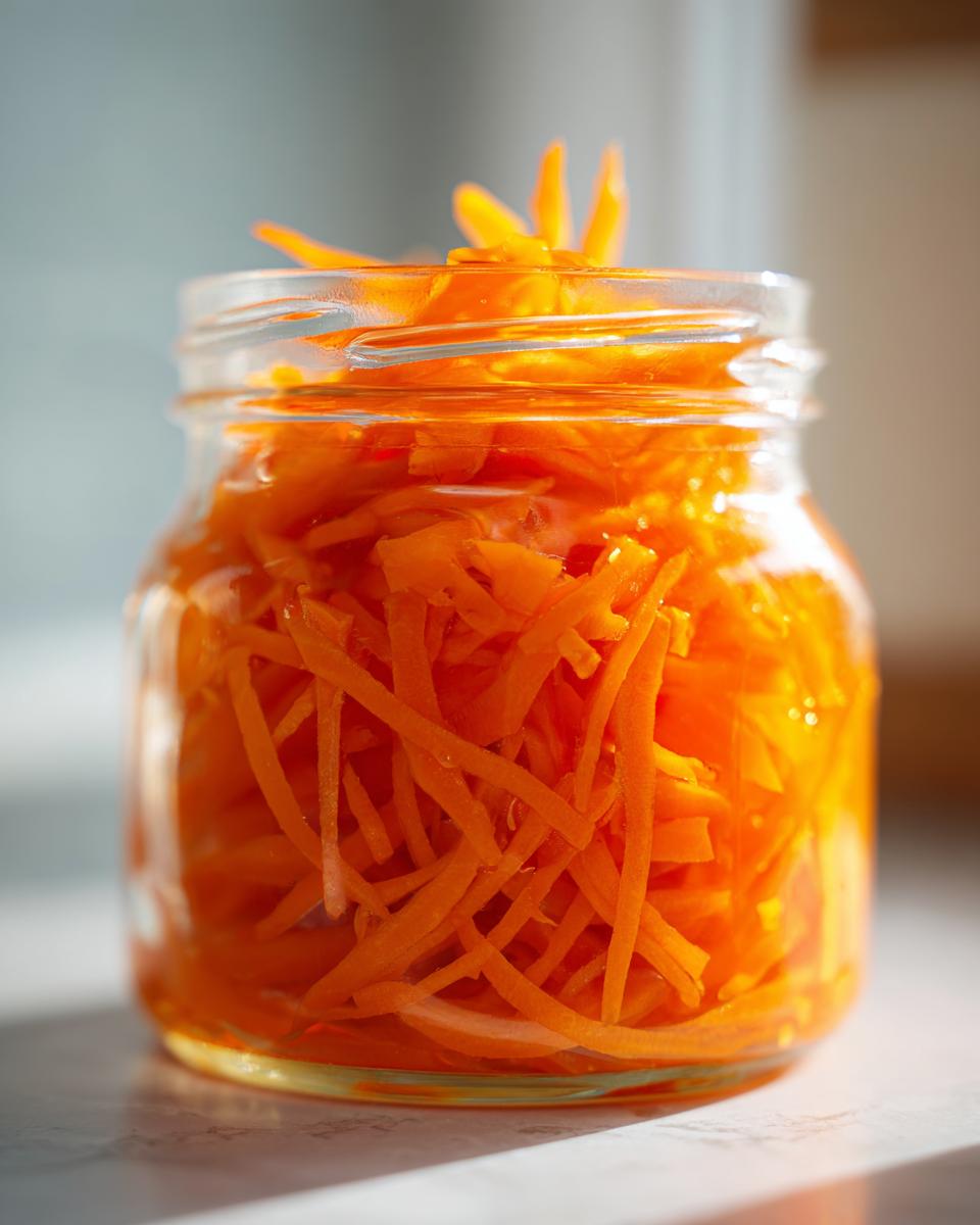 Close-up of bright orange, julienned pickled carrots packed tightly in a small glass jar.