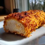 Close-up of a perfectly cooked air fryer chicken breast, showing the juicy white interior and crispy, golden-brown breading.