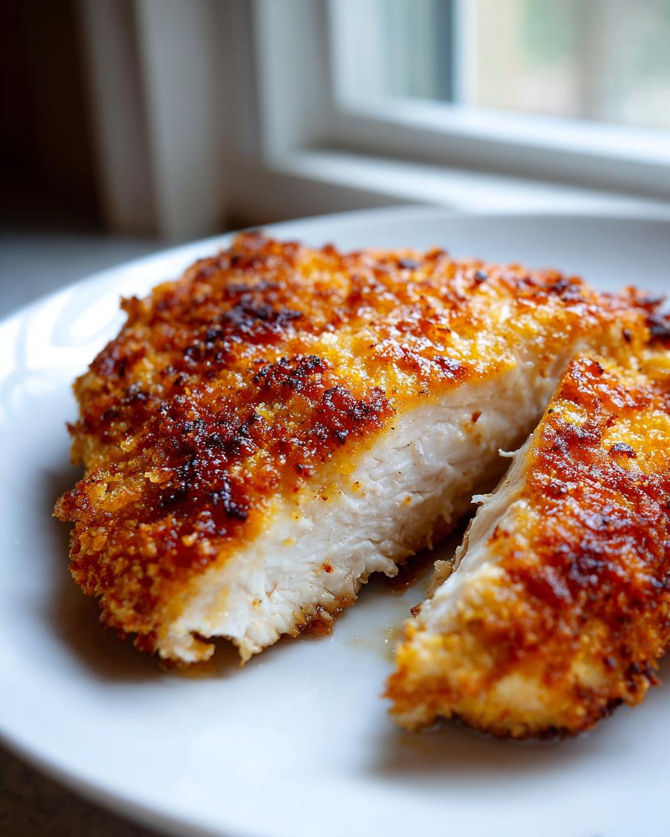 Close-up of a perfectly cooked air fryer chicken breast, sliced to show juicy white meat and crispy golden breading.