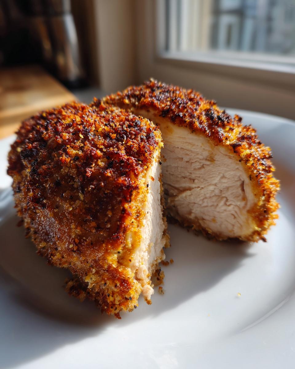 A close-up of a perfectly cooked air fryer chicken breast cut in half, showing juicy white meat and a crispy golden-brown coating.