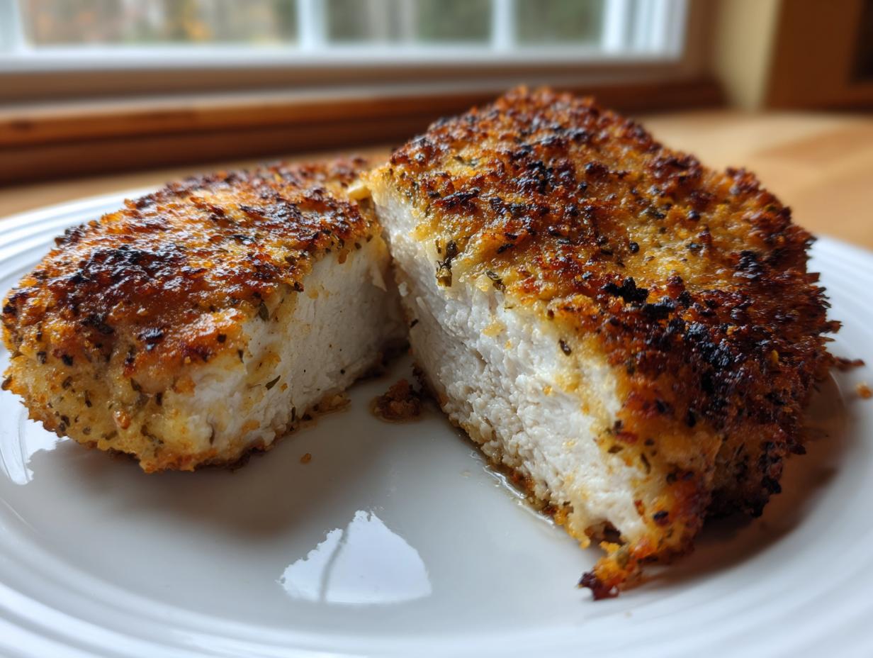 Cross-section of a perfectly cooked air fryer chicken breast showing juicy white meat and a crispy, golden-brown seasoned crust.