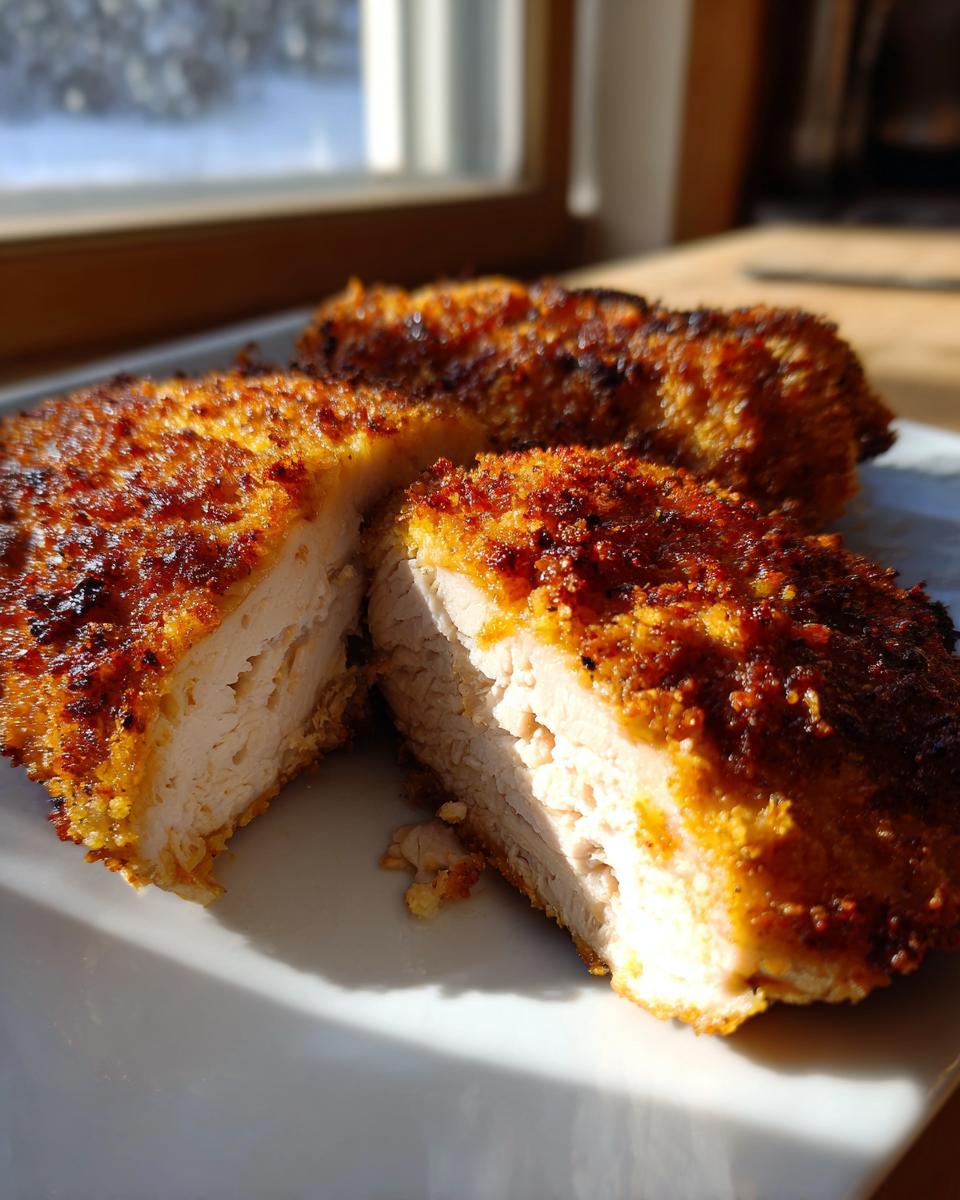 Close-up of juicy air fryer chicken breast cut open, showing perfectly cooked white meat and crispy breading.