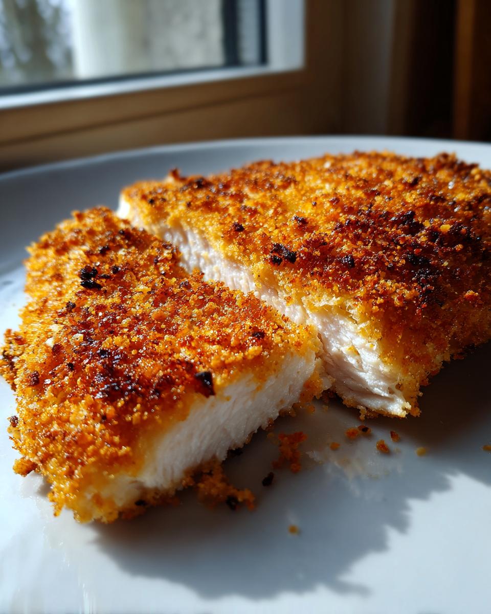 Close-up of a perfectly cooked air fryer chicken breast, sliced to show the moist white interior and golden, crispy breading.