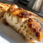 Close-up of a perfectly cooked, juicy baked chicken breast, showing moist white meat and a golden-brown, herb-crusted exterior.
