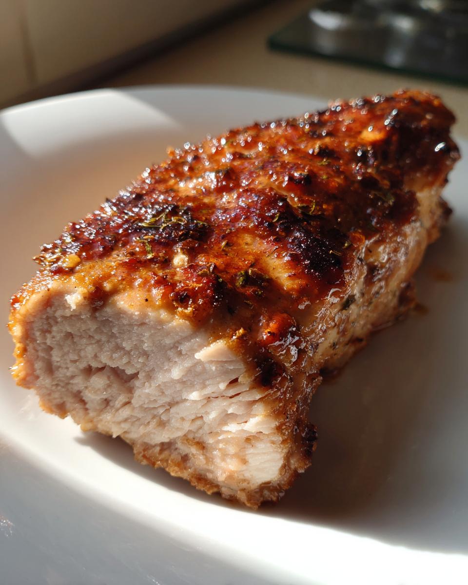 Close-up of a perfectly cooked, juicy baked chicken breast cut in half showing moist white meat and a caramelized, seasoned crust.