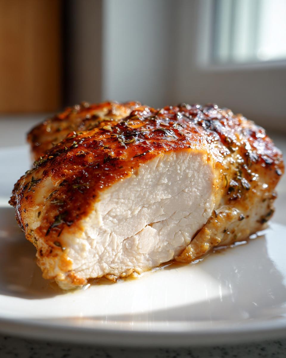 Close-up of a perfectly cooked, juicy baked chicken breast cut in half, showing moist white meat and a seasoned, browned exterior.