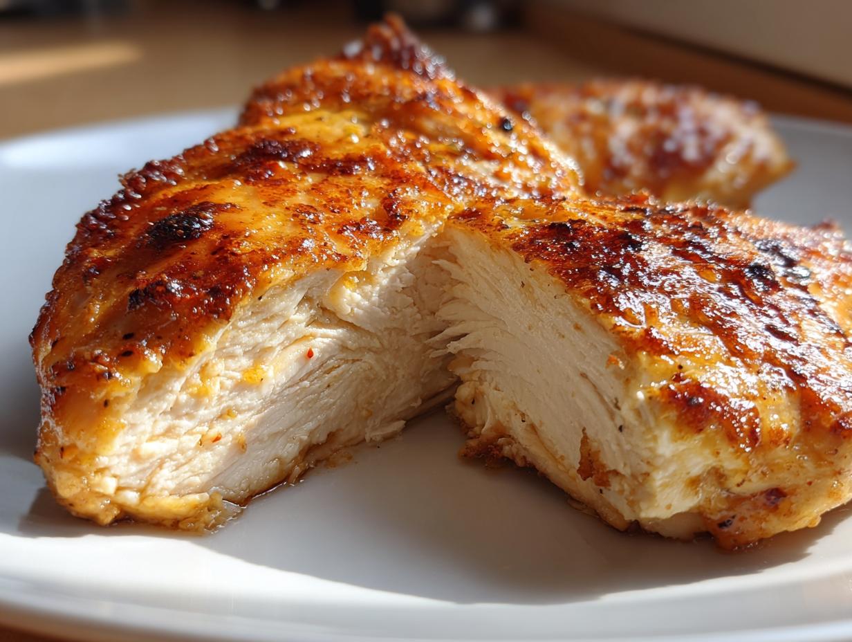 Close-up of a perfectly cooked, juicy baked chicken breast cut in half showing moist white meat.