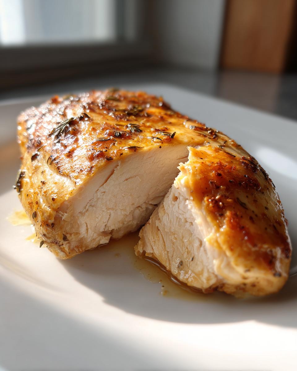 Close-up of a perfectly cooked baked chicken breast, cut open to show the moist, white interior and golden, herb-crusted exterior.