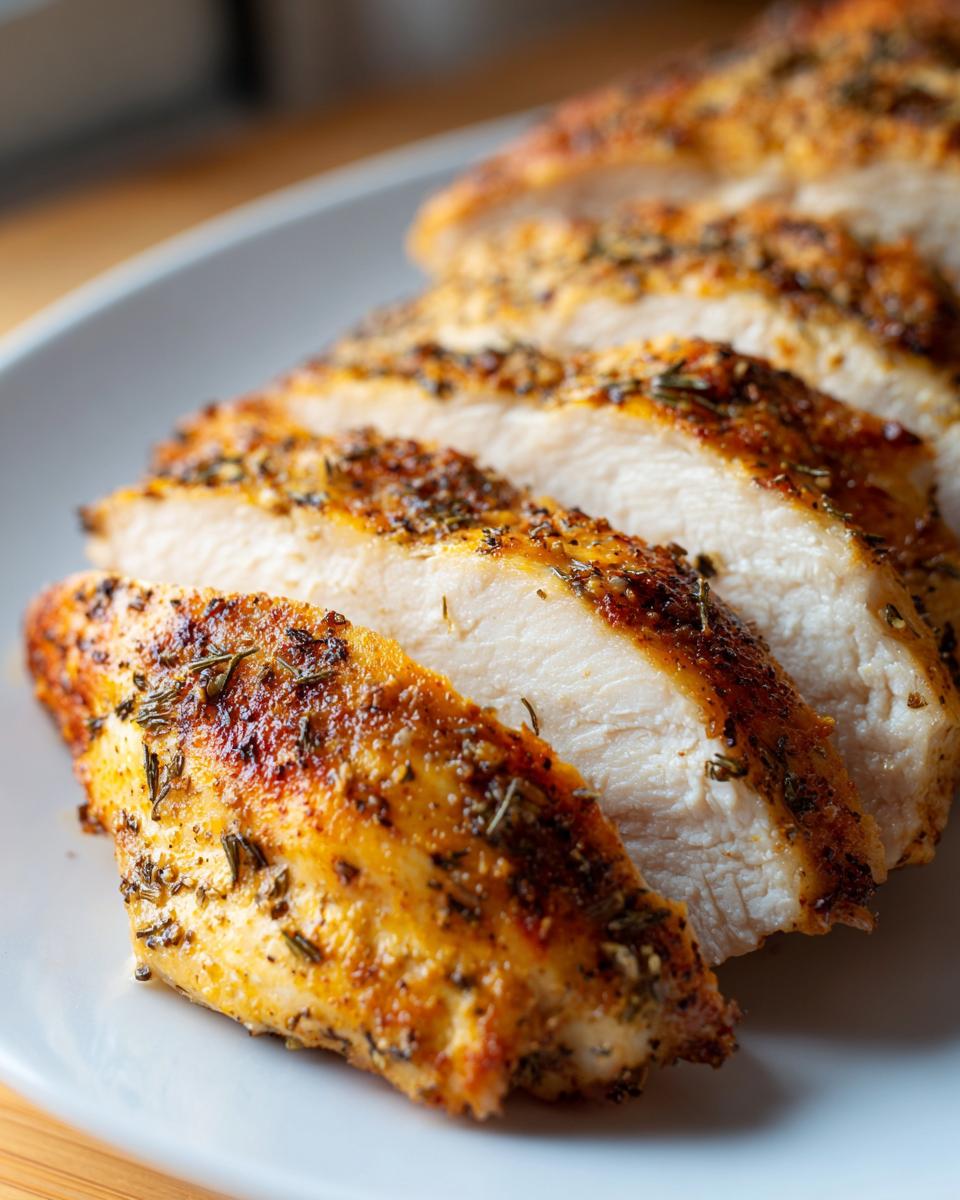 Close-up of perfectly cooked, juicy baked chicken breast, sliced and seasoned with herbs.