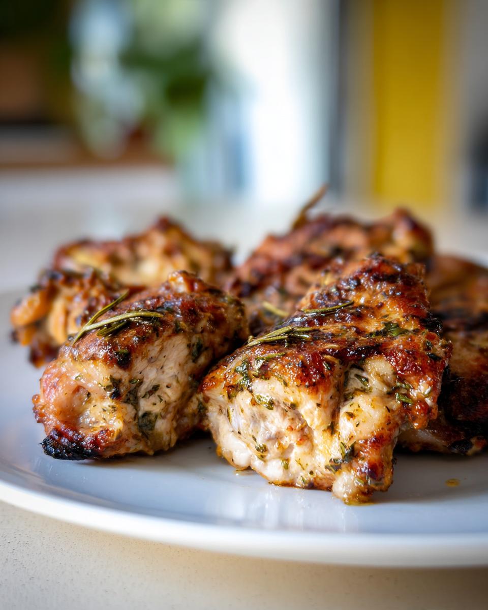 Close-up of juicy, pan-seared Greek chicken pieces seasoned with herbs.