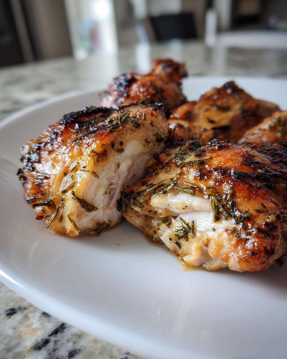 Close-up of juicy, browned greek chicken pieces seasoned heavily with herbs like rosemary, showing the white interior.