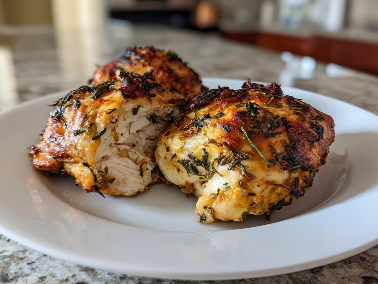 Three pieces of juicy greek chicken, one cut open to show white meat, seasoned with herbs.