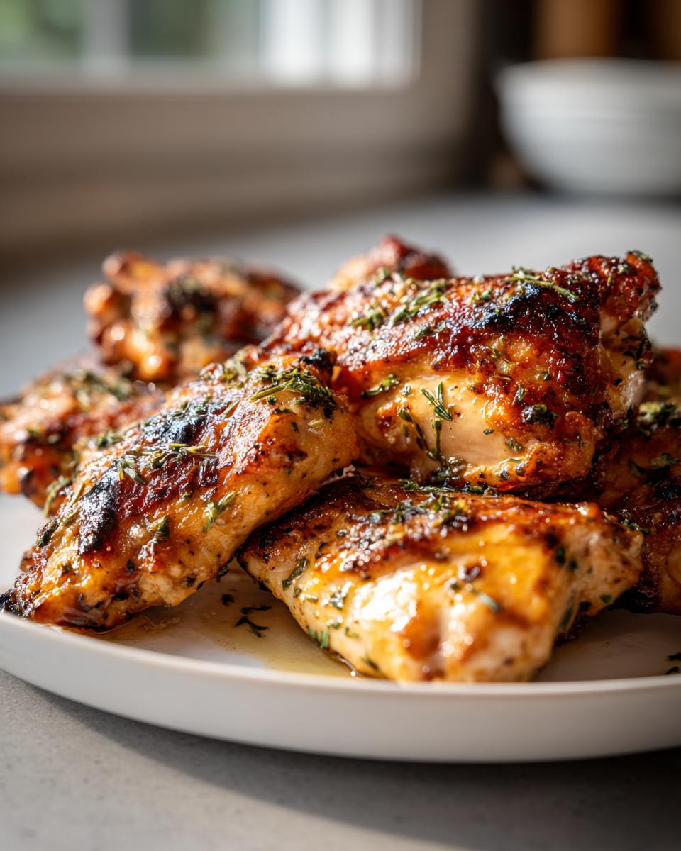 Close-up of perfectly cooked, juicy greek chicken pieces seasoned with herbs on a white plate.