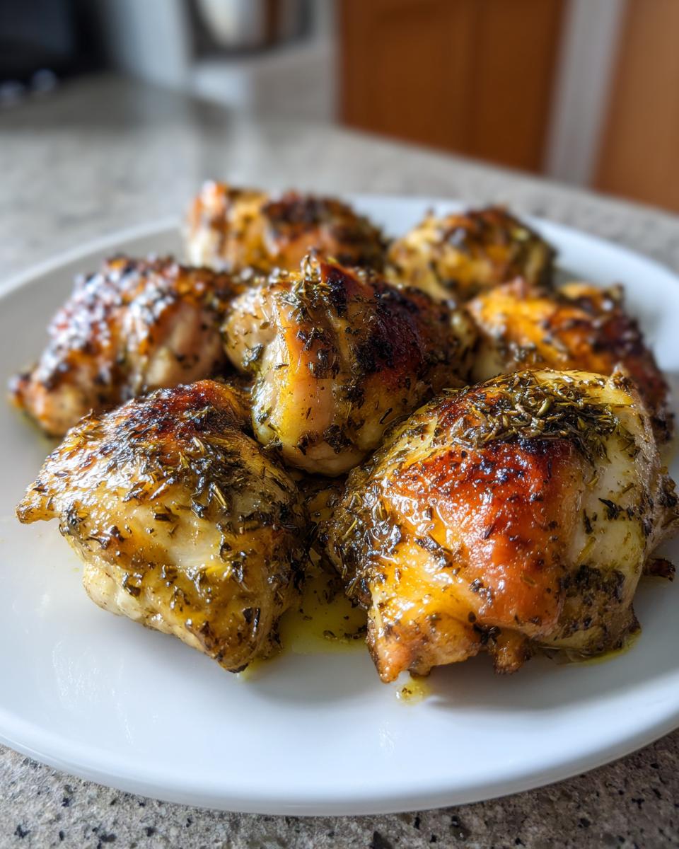 Close-up of several pieces of juicy Greek chicken thighs, browned and seasoned heavily with herbs.