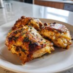 Three pieces of juicy greek chicken thighs with golden, seasoned, crispy skin served on a white plate.