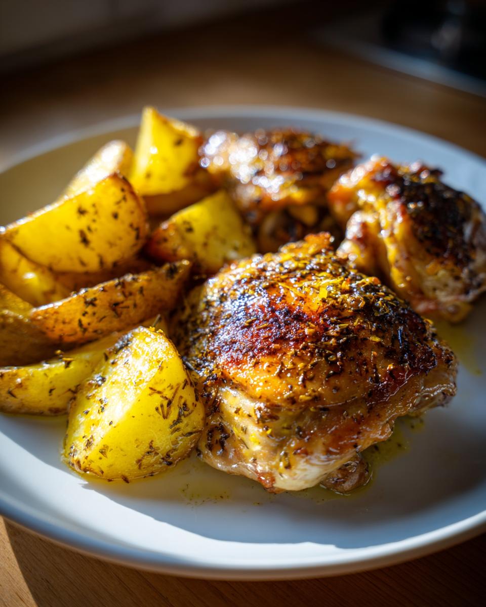 Close-up of crispy skin greek lemon chicken thighs served with seasoned, bright yellow roasted potatoes on a white plate.