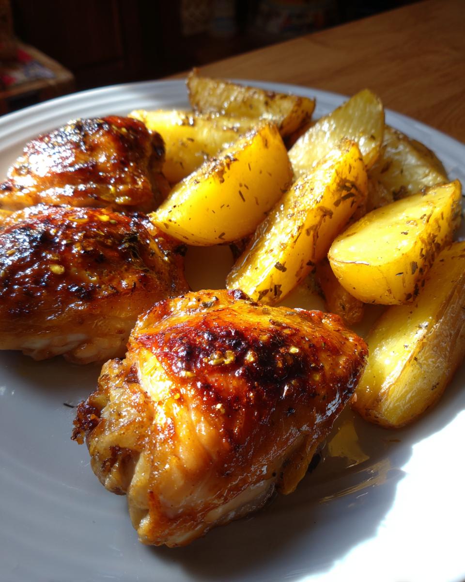 Close-up of crispy, glazed greek lemon chicken thighs served with golden roasted potatoes on a white plate.