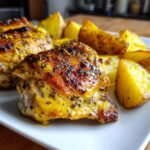 Close-up of a perfectly roasted piece of greek lemon chicken with crispy, herbed skin next to roasted potato wedges.