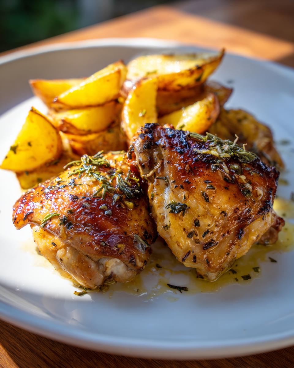 Two pieces of glazed greek lemon chicken thighs served with golden roasted potato wedges on a white plate.