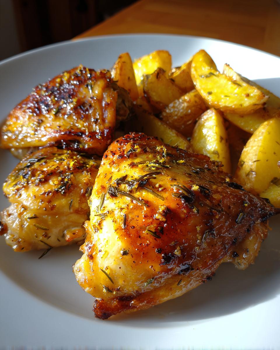 Two pieces of golden, glazed greek lemon chicken thighs served with roasted potato wedges on a white plate.
