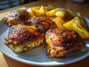 Four pieces of crispy, browned greek lemon chicken thighs served with golden roasted potato wedges on a white plate.