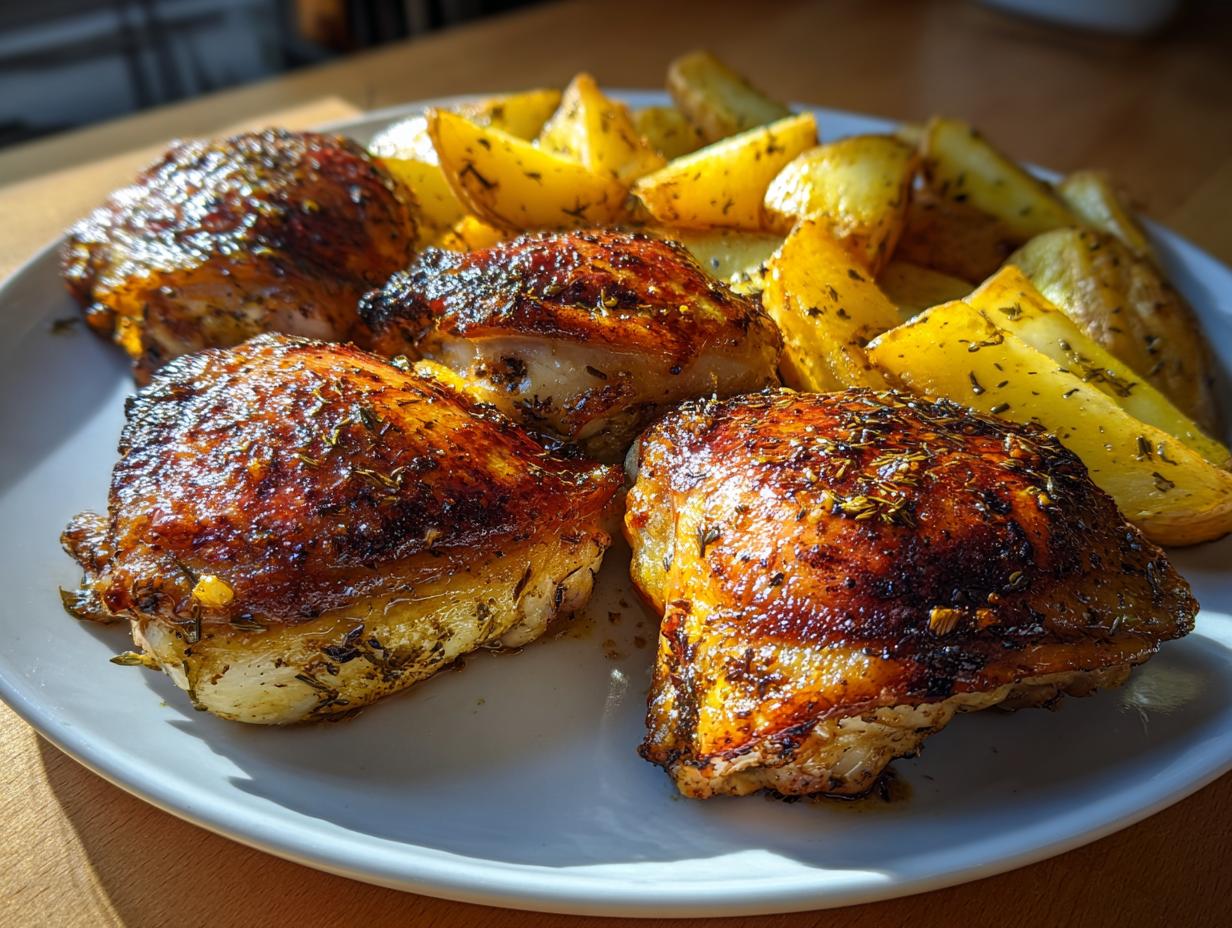 Four pieces of crispy, browned greek lemon chicken thighs served with golden roasted potato wedges on a white plate.