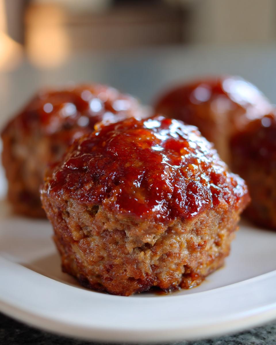 A close-up shot of a single, perfectly baked mini meatloaf topped with a shiny, thick red glaze.