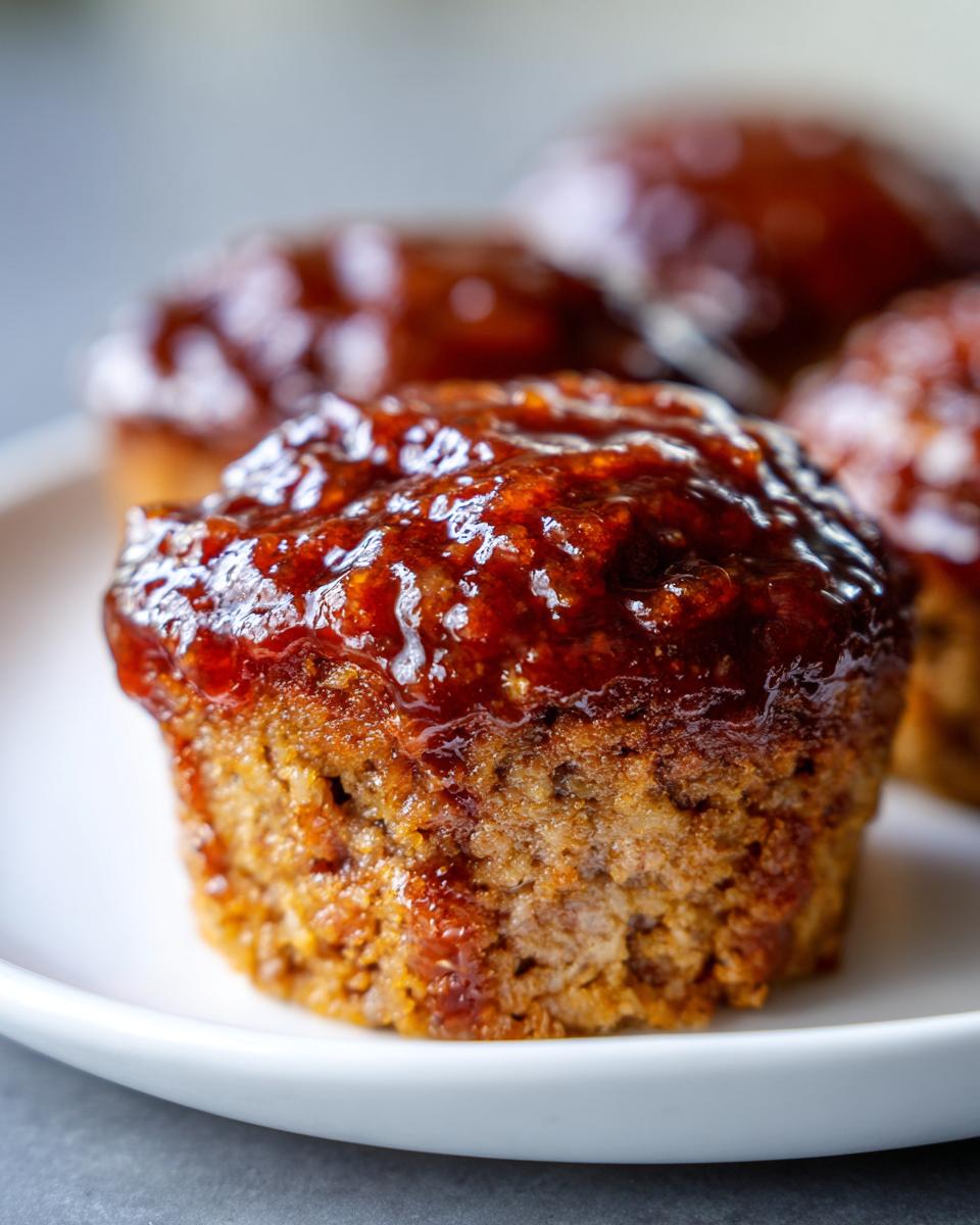 A close-up of a single, perfectly baked mini meatloaf topped with a thick, shiny glaze.