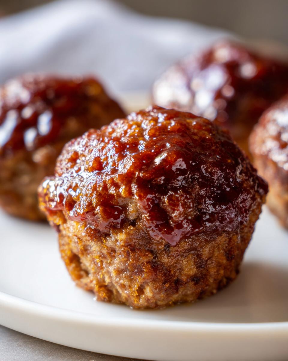 A close-up shot of a perfectly cooked mini meatloaf topped with a thick, shiny brown glaze.