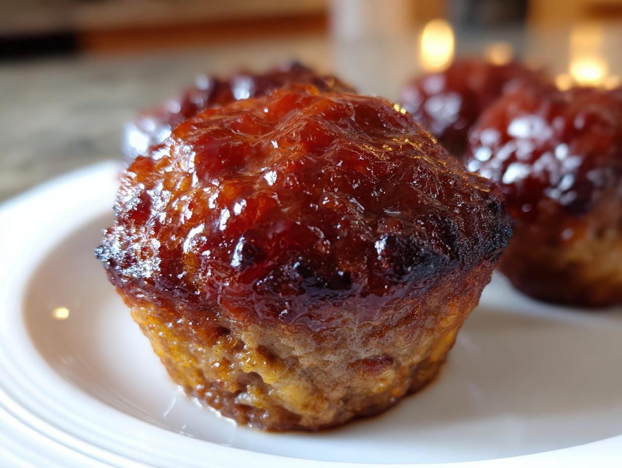 A close-up of a single, perfectly baked mini meatloaf with a thick, shiny, caramelized glaze.