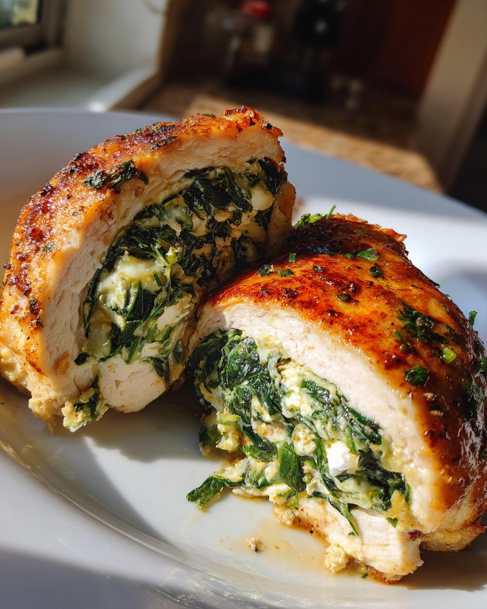 Close-up of juicy spinach stuffed chicken cut in half, revealing creamy spinach and cheese filling.