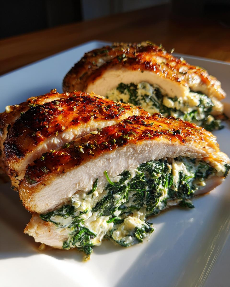 Close-up of juicy spinach stuffed chicken cut open, showing creamy spinach filling inside perfectly cooked chicken breast.