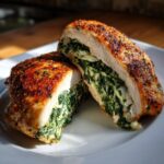Close-up of juicy spinach stuffed chicken breast, sliced open to show the creamy green filling.