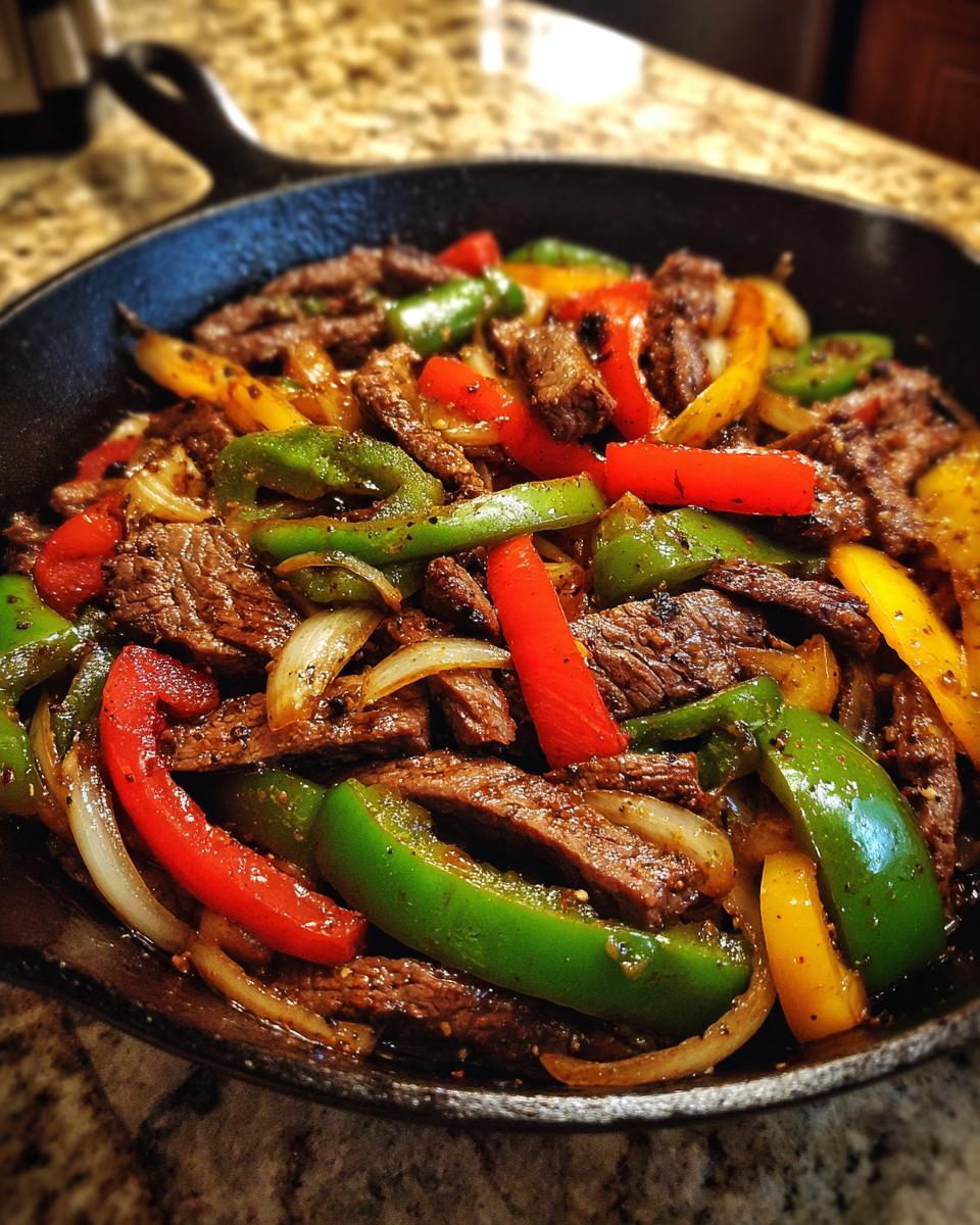 Close-up of sizzling steak fajitas with colorful bell peppers and onions in a black cast iron skillet.