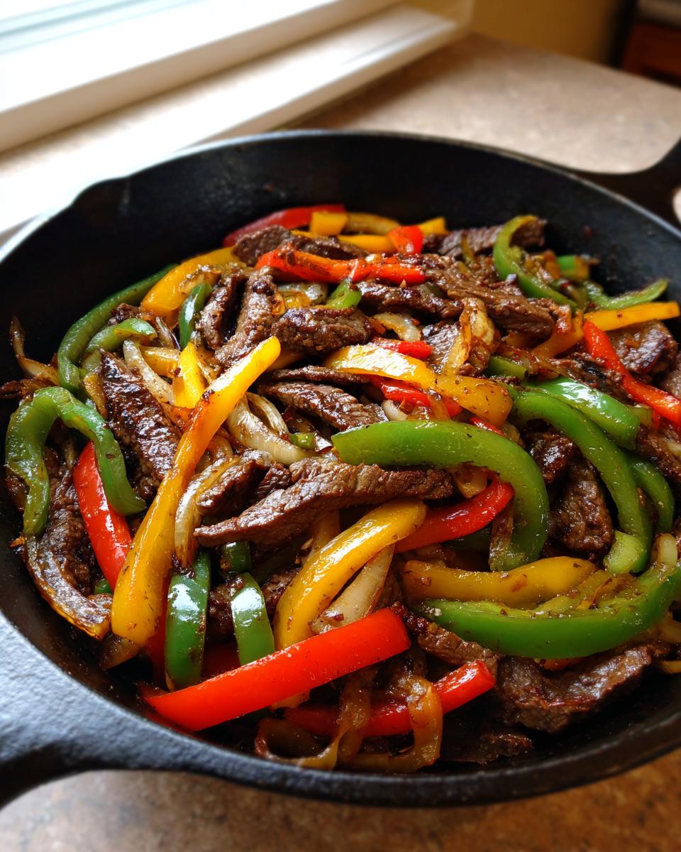Close-up of sizzling steak fajitas with colorful bell peppers and onions in a black cast iron skillet.