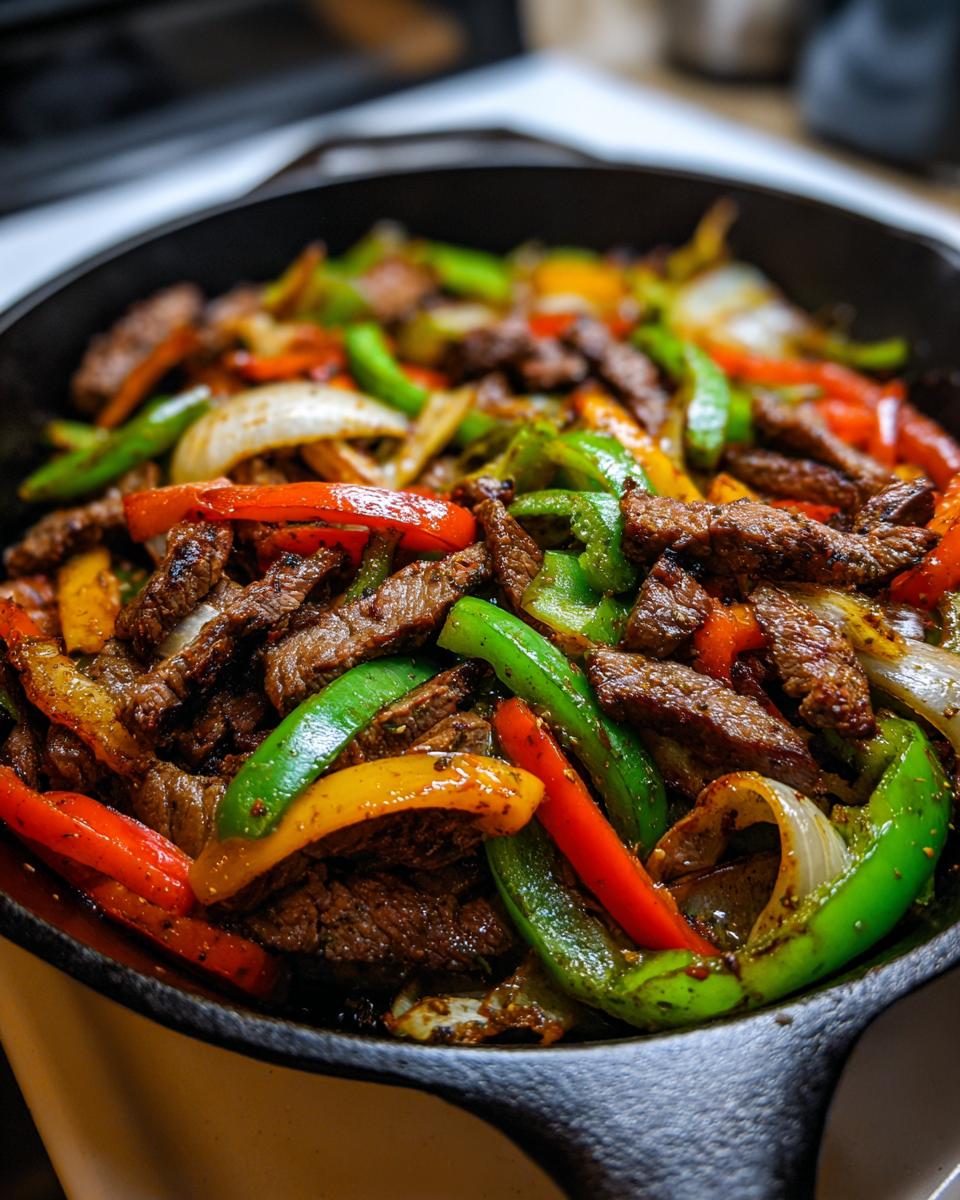 Close-up of sizzling steak fajitas with colorful peppers and onions in a cast iron skillet.