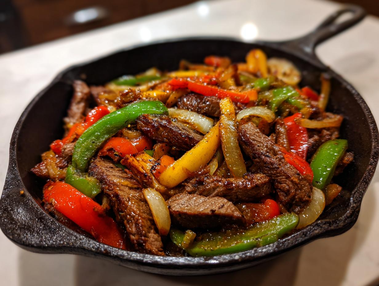 Close-up of sizzling steak fajitas with colorful peppers and onions served in a cast iron skillet.